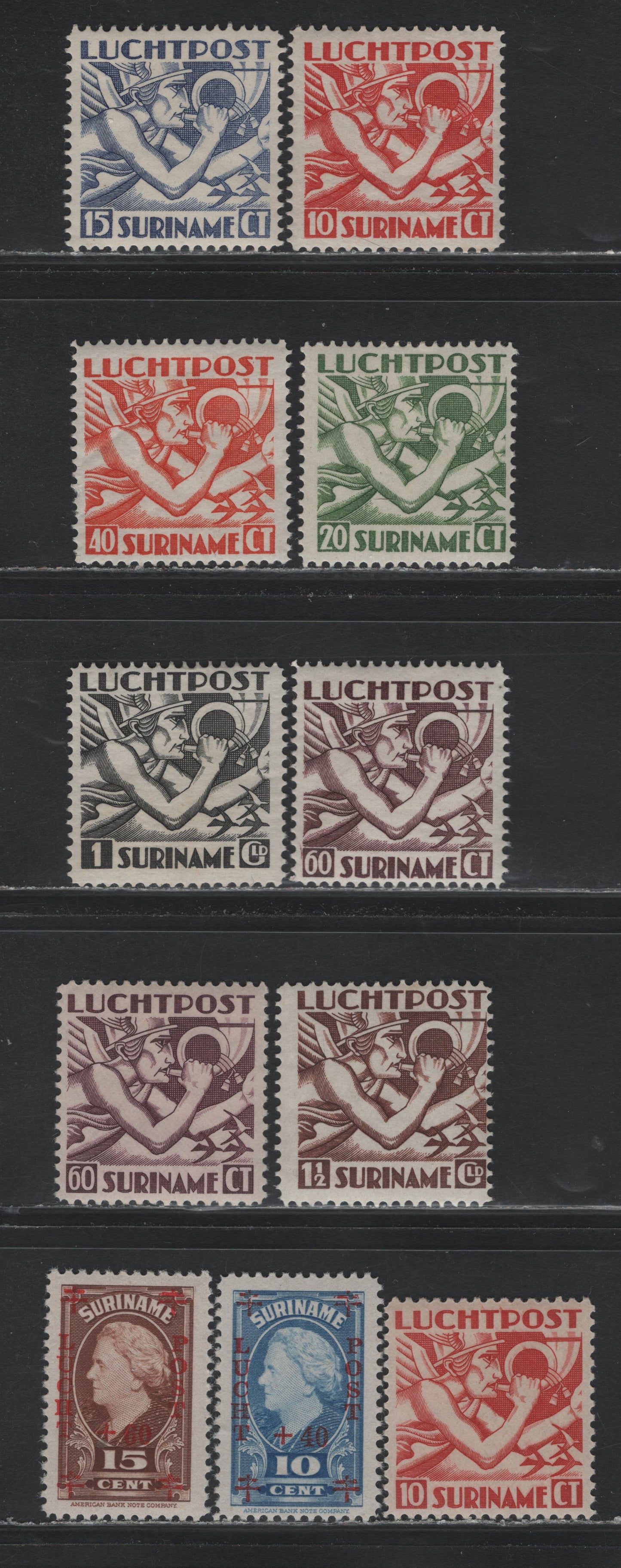 Lot 272 Surinam SC#C1-C7, C20-C21, CB2-CB3 10c - 15c+60c Dull Red - Brown , 1930-1946 Airmail - Red Cross Airmail Semi Postals, 11 F/VFOG Singles, Includes Redrawn 10c & 60c Airmails From 1941 Issue