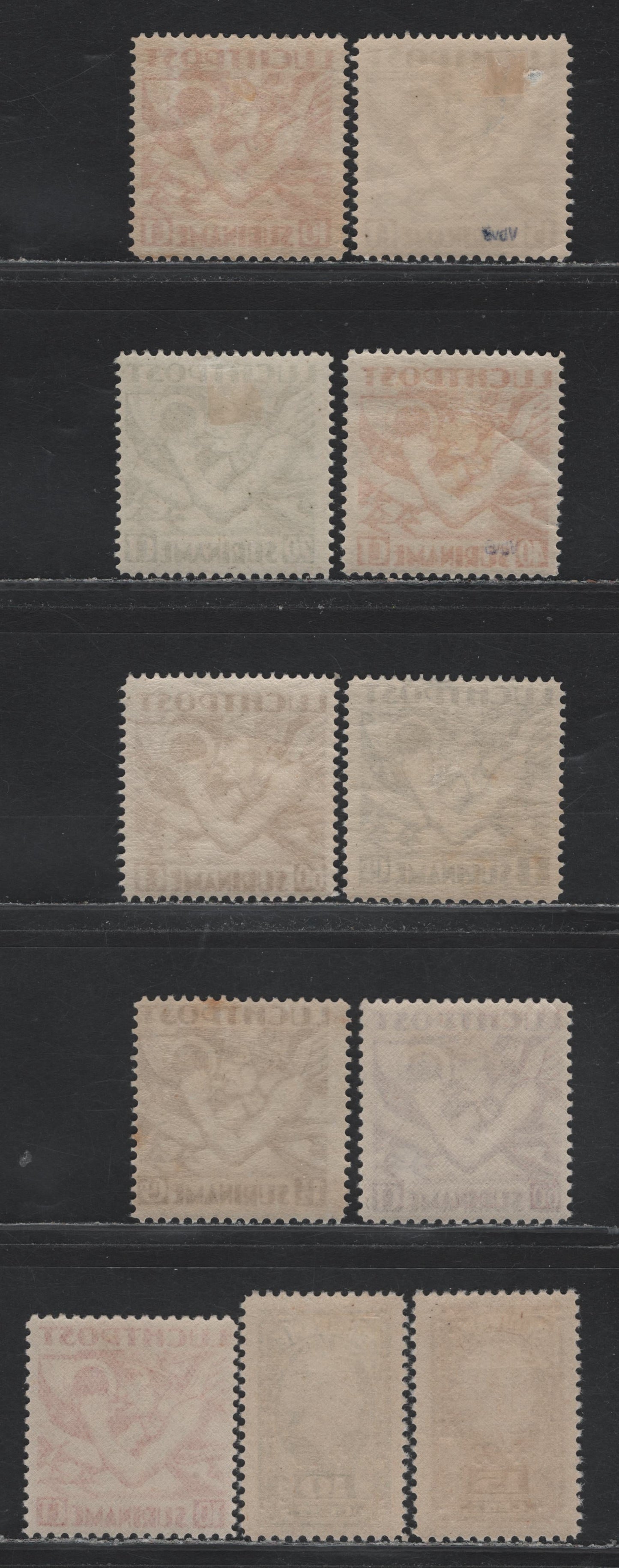 Lot 272 Surinam SC#C1-C7, C20-C21, CB2-CB3 10c - 15c+60c Dull Red - Brown , 1930-1946 Airmail - Red Cross Airmail Semi Postals, 11 F/VFOG Singles, Includes Redrawn 10c & 60c Airmails From 1941 Issue