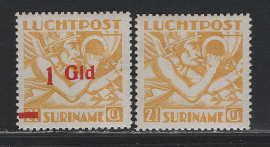 Lot 273 Surinam SC#C17, C24 2.5g - 1g on 2.5g Yellow , 1941-1945 Airmail Issues, 2 VFOG/NH Singles, 2.5g Is NH & Surcharge Is LH