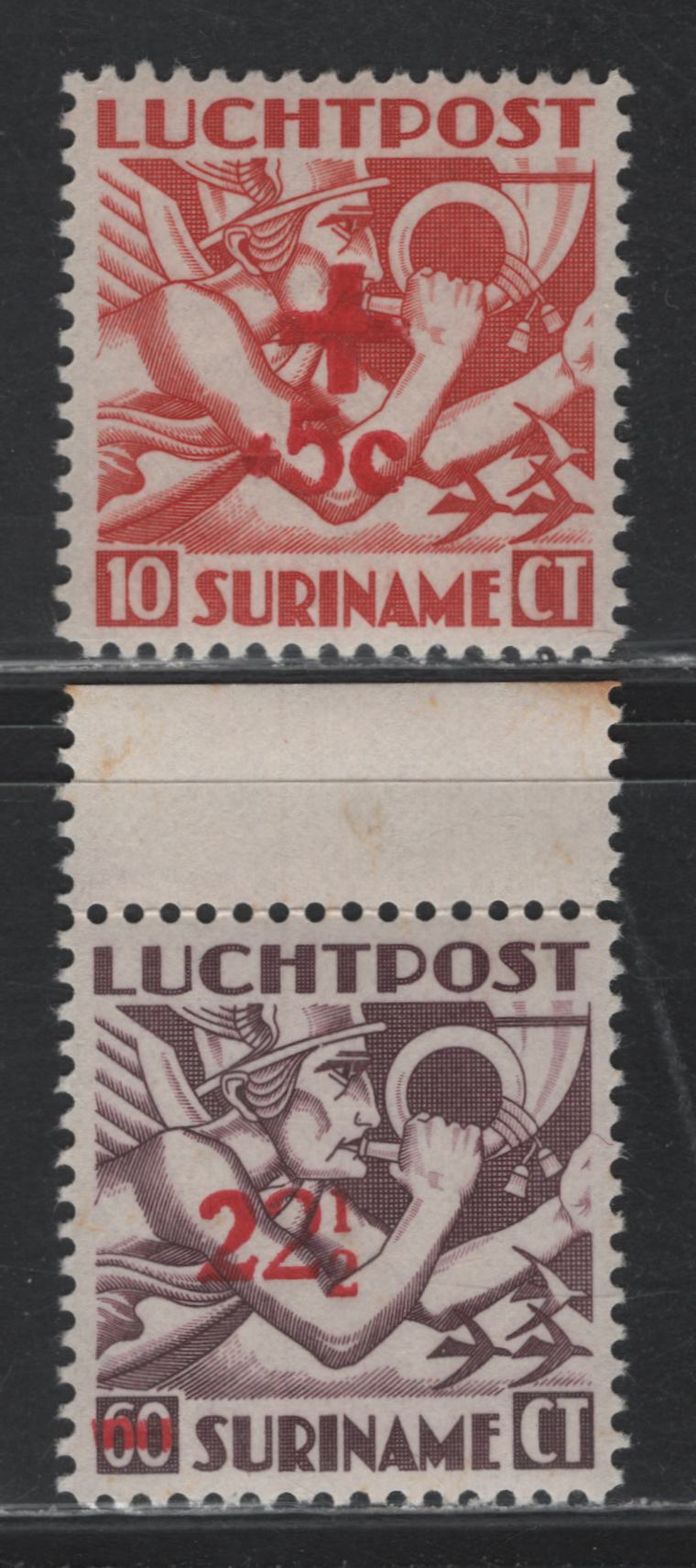 Lot 274 Surinam SC#C23, CB1 22.5c on 60c - 10c+5c Brown Violet - Red , 1942-1945 Red Cross Airmail Semi Postals - Surcharged Airmails, 2 VFNH/LH Singles, C23 Is NH But Has A Tiny Gum Disturbance, CB1 is Type 3 With Small C