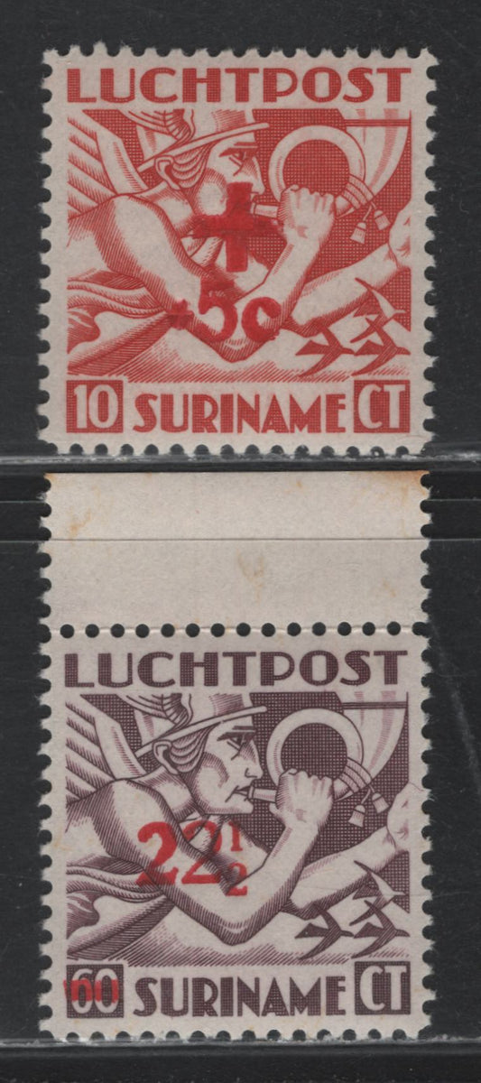 Lot 274 Surinam SC#C23, CB1 22.5c on 60c - 10c+5c Brown Violet - Red , 1942-1945 Red Cross Airmail Semi Postals - Surcharged Airmails, 2 VFNH/LH Singles, C23 Is NH But Has A Tiny Gum Disturbance, CB1 is Type 3 With Small C
