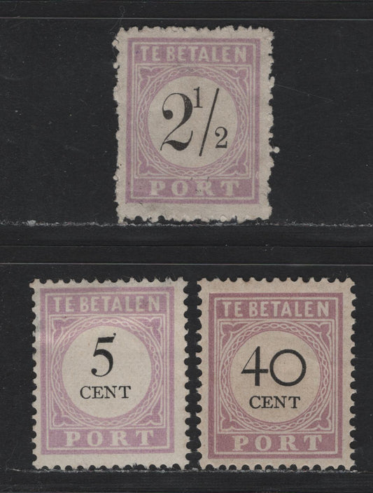 Lot 275 Surinam SC#J1a, J14, J10a 2.5c - 40c Lilac & Black , 1866-1896 Postage Dues, 3 Fine/Very Fine Unused Singles, All Type 1, No Gum As Issued