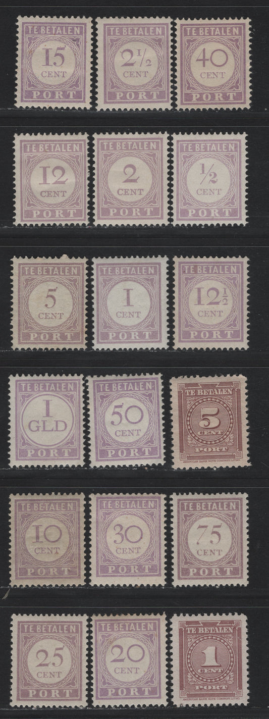 Lot 277 Surinam SC#J17-J34 1/2c - 5c Lilac - Light Brown Violet , 1913-1945 Postage Dues, 18 F/VFOG & Unused Singles, 40c Has No Gum As Issued, Perfs 12.5 & 13.5x12.5