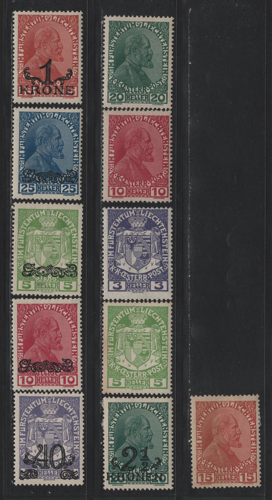 Lot 278 Liechtenstein SC#4-8, 11-16 3h -2.5k on 20h Violet - Dark Green , 1917-1920 Arms & Prince Johann II - Surcharged Issues, 11 F/VFOG Singles