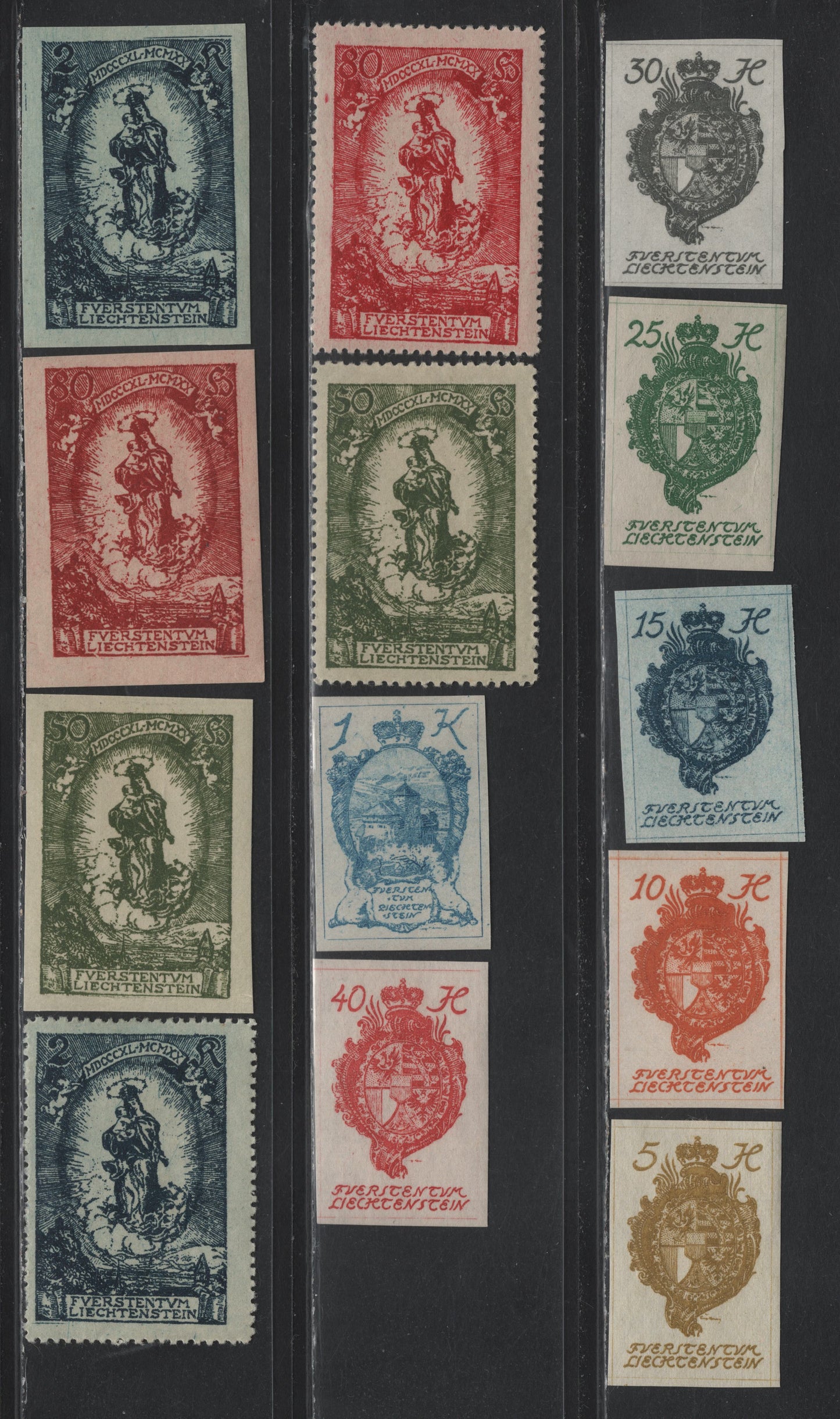 Lot 279 Liechtenstein SC#18/25, 47a-49a, 47-49 5h - 2k Olive Bistre - Dark Blue , 1920 Imperf Arms - 60th Birthday Of Prince Johann, 13 F/VFOG Singles