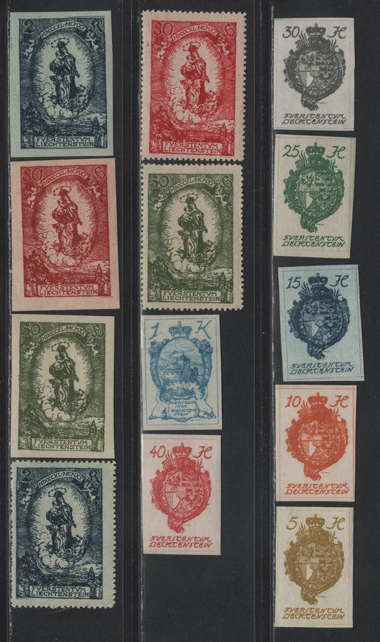 Lot 279 Liechtenstein SC#18/25, 47a-49a, 47-49 5h - 2k Olive Bistre - Dark Blue , 1920 Imperf Arms - 60th Birthday Of Prince Johann, 13 F/VFOG Singles