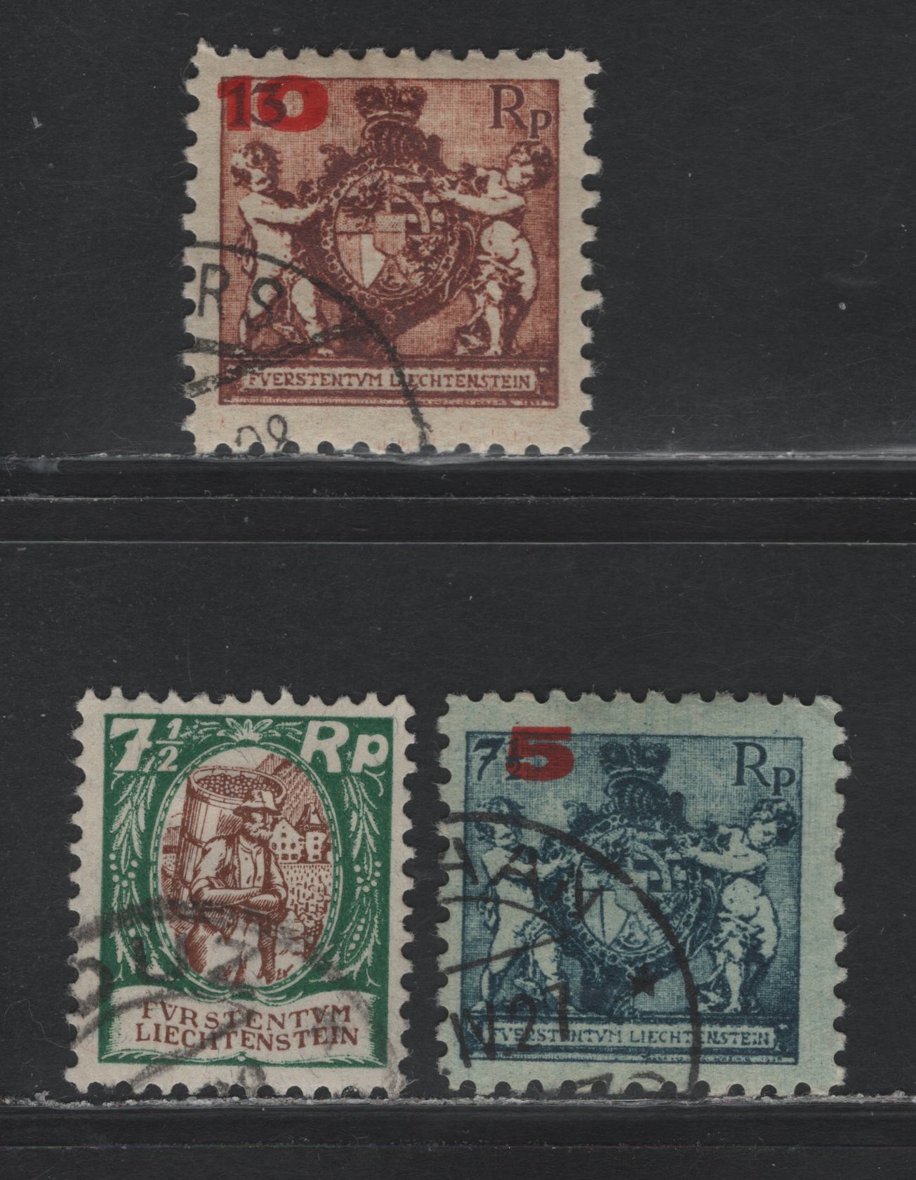 Lot 282 Liechtenstein SC#70a, 71a, 76 5rp on 7.5rp - 10rp on 13rp , 1924-1928 Surcharges - Peasant & Gov't Palace Issues, 3 F/VFOG Singles, Perf 9.5