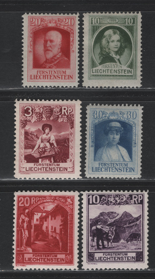 Lot 284 Liechtenstein SC#90-92, 94, 96-97 10rp - 20rp Olive Green - Deep Rose Red , 1929-1930 Ascension of Prince Francis I - Pictorial Issues, 6 F/VFOG Singles, Perf 10.5