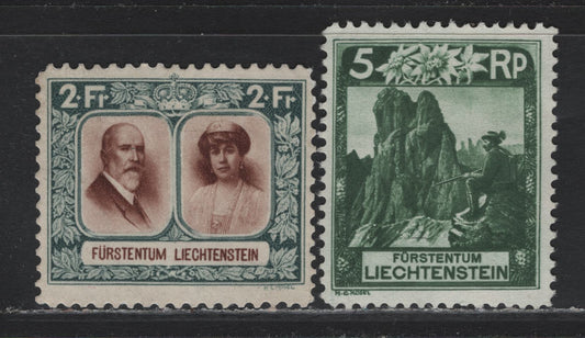 Lot 285 Liechtenstein SC#95a, 107 2fr - 5rp Gray Green & Red Brown - Deep Green , 1930 Pictorial Issue, 2 Fine/Very Fine Unused Singles, Perfs 10.5 (2fr) & 11.5 (4rp), 2fr Has A Shallow Thin