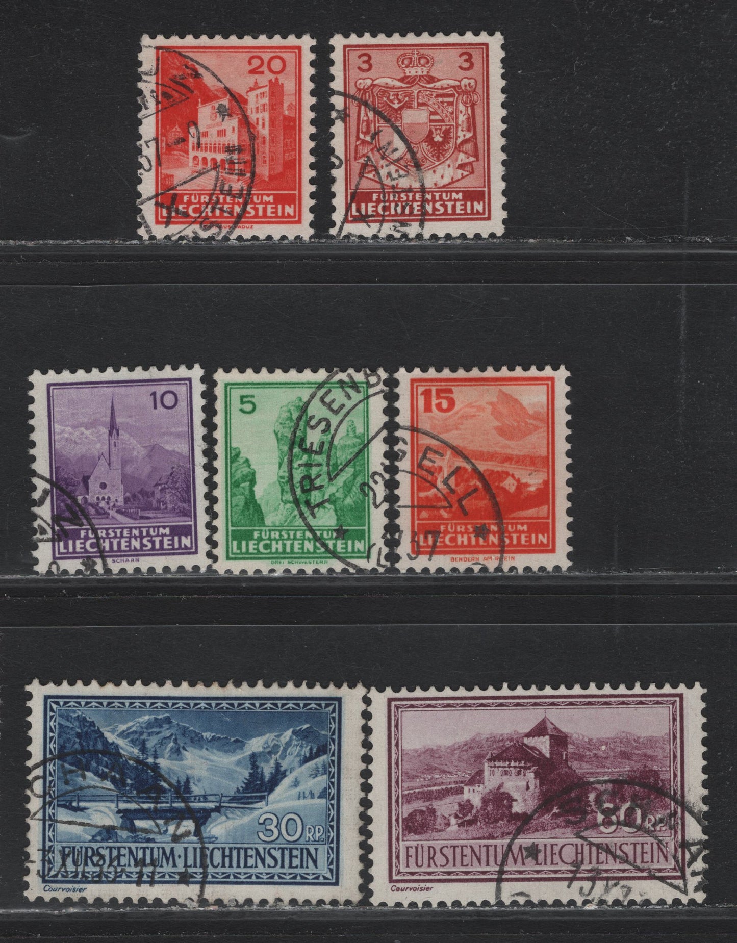 Lot 287 Liechtenstein SC#116, 117a, 118a, 119-120, 122, 126 3rp - 60rp Copper Red - Claret , 1934-1935 Photogravure Pictorial Issue, 7 Fine/Very Fine Used Singles, Grilled Gum Printings Of 5rp & 10rp