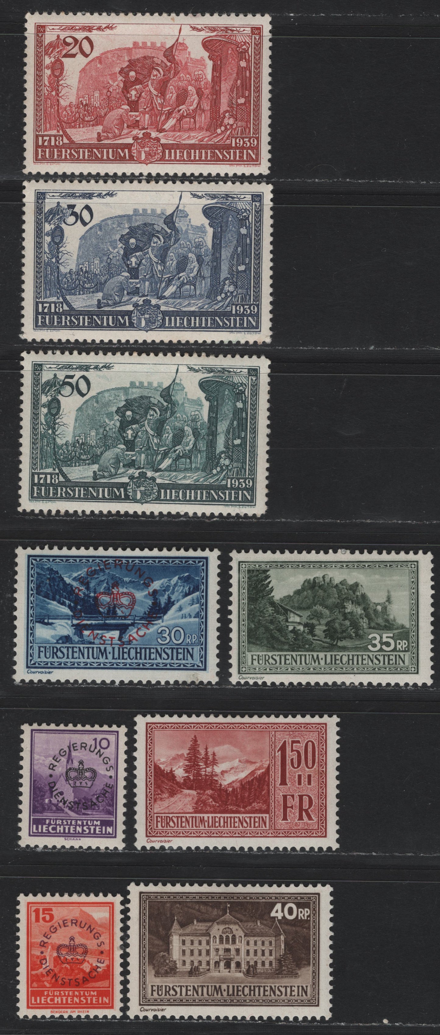 Lot 288 Liechtenstein SC#123-124, 129, 154-156, O12a, O13, O17 35rp - 30rp Gray Green - Dark Blue , 1934-1936 Photogravure Pictorial - Official Overprinted Issues, 9 F/VFOG Singles, Grilled Gum Printing Of 10rp Violet