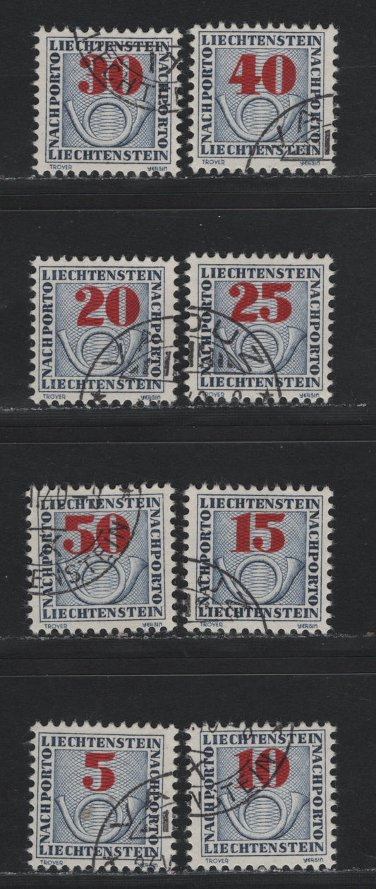 Lot 289 Liechtenstein SC#J21-J28 5rp - 50rp Gray Blue & Dark Red - Gray Blue & Dark Red , 1940 Postage Dues, 8 Very Fine Used Singles