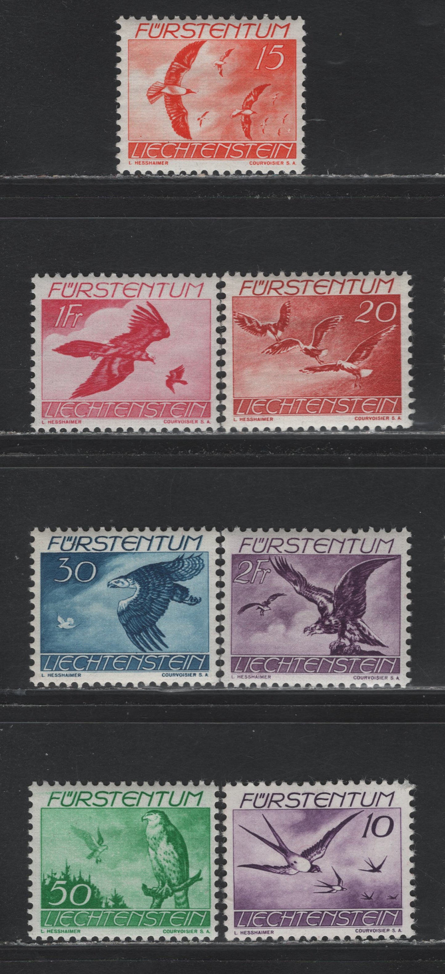 Lot 290 Liechtenstein SC#C17-C23 10rp - 2fr Violet , 1939 Airmail Issue, 7 VFOG Singles