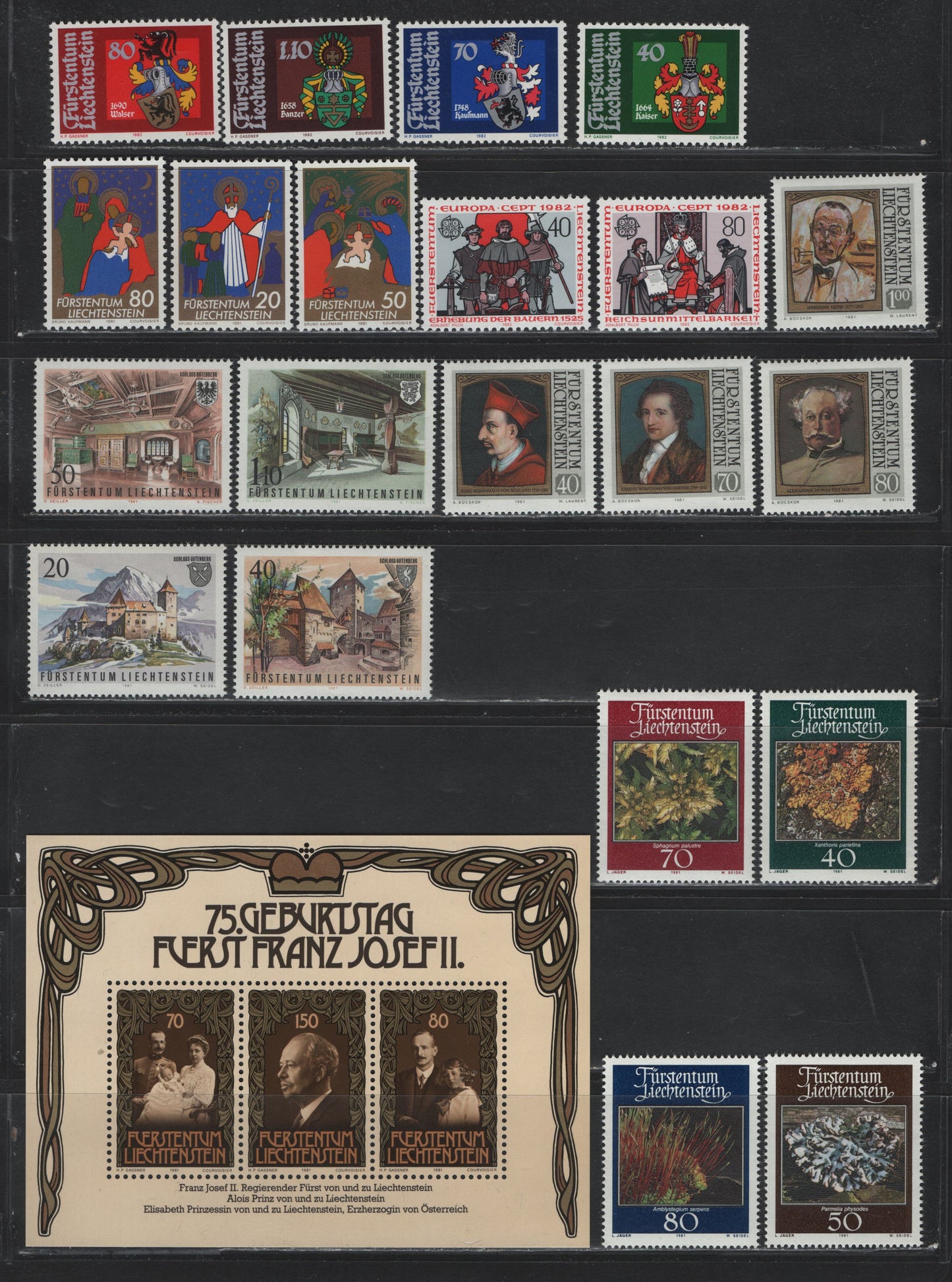 Lot 291 Liechtenstein SC#714-734, 710 70rp - 80rp Multicolored , 1981-1982 75th Birthday of Prince Franz Joseph II - Europa Issues, 22 VFNH Singles & Sheets