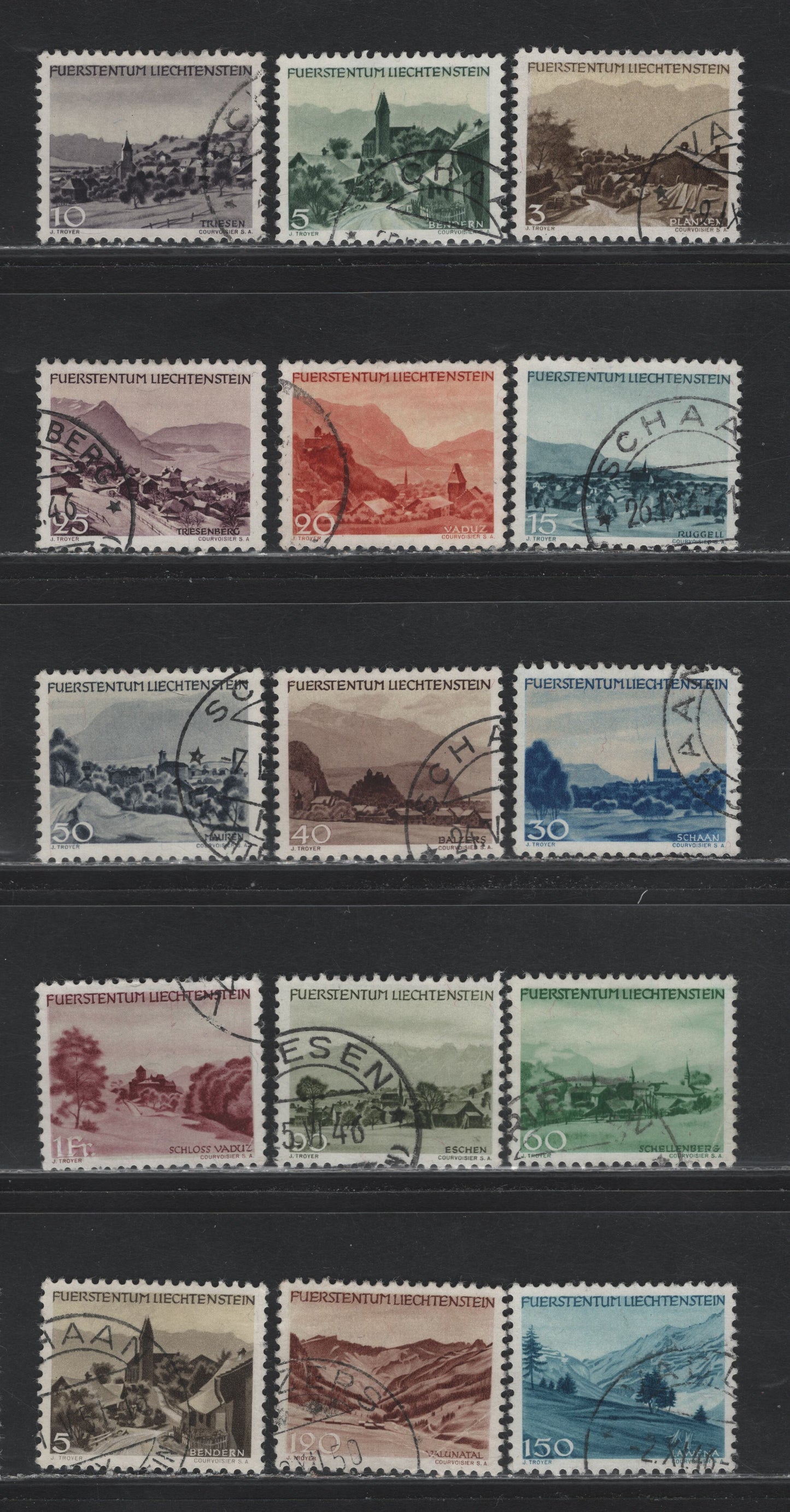Lot 292 Liechtenstein SC#198-211, 239 3rp - 5rp Dark Brown & Buff , 1944-1949 Pictorial Issue, 15 Very Fine Used Singles