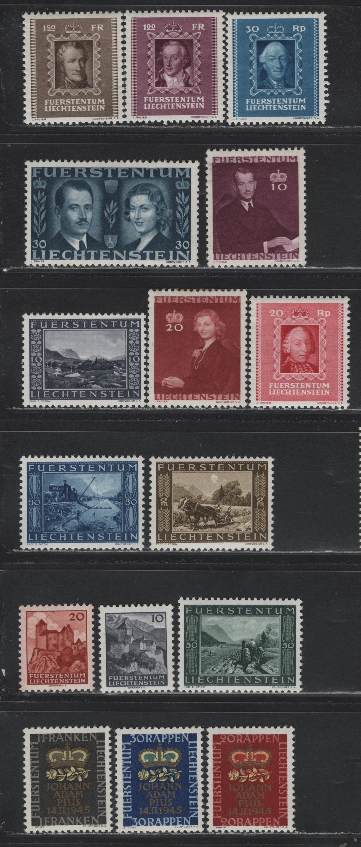 Lot 294 Liechtenstein SC#181-187, 192-197, 212-214 20rp - 1fr Rose - Multicolored , 1942-1945 Royalty - Birth of Prince Johann Adam Pius Issue, 16 VFOG Singles