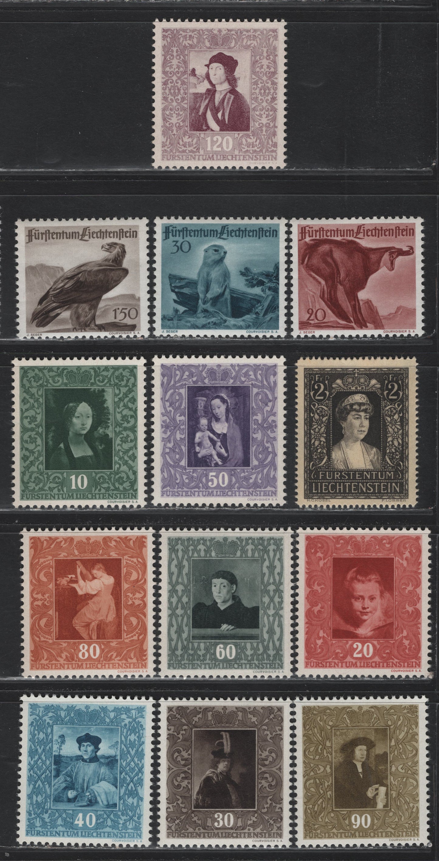 Lot 295 Liechtenstein SC#223-235 20rp - 120rp Henna Brown - Claret , 1947-1949 Wildlife - Portraits Issues, 13 VFOG Singles