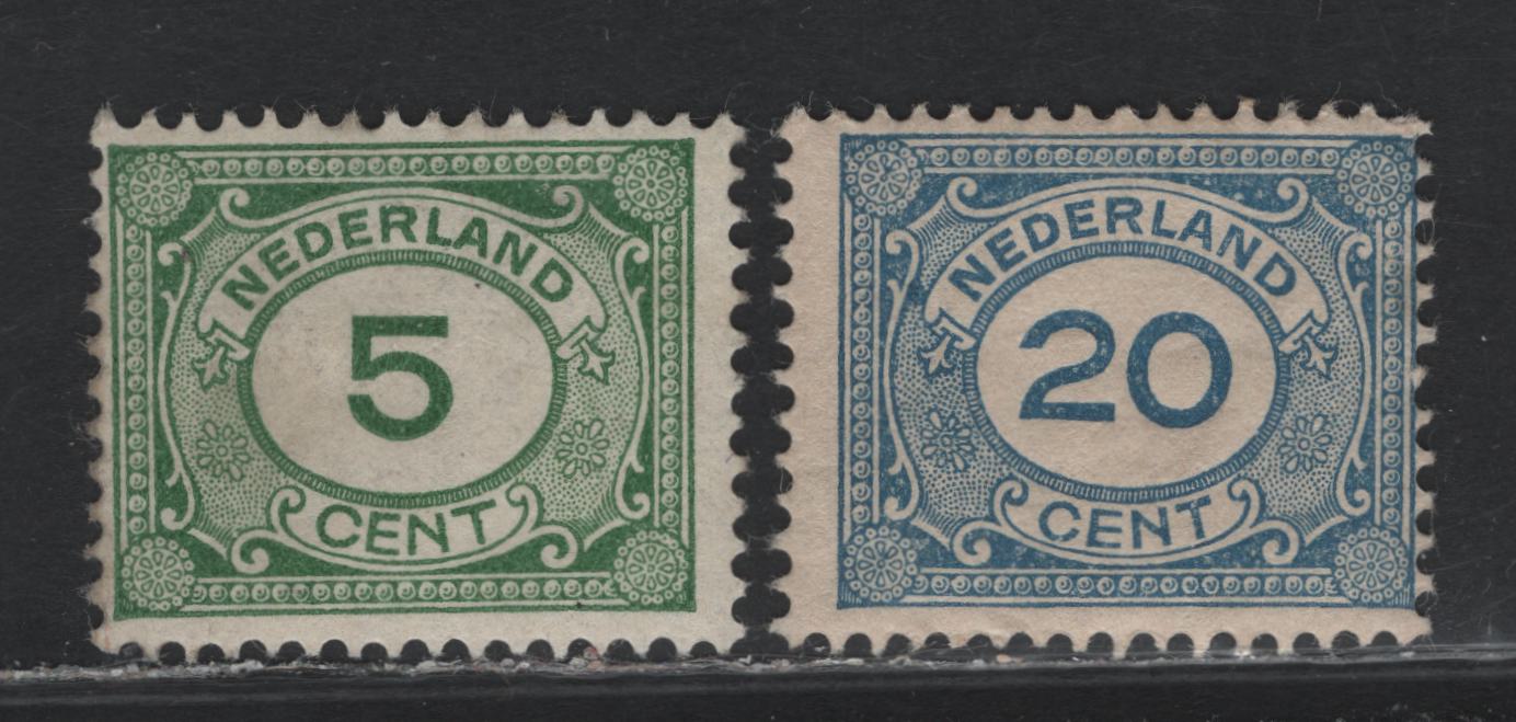 Lot 297 Netherlands (C) SC#107, 109 5c - 20c Green - Blue , 1921-1922 Numeral Issue, 2 FOG Singles