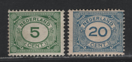 Lot 297 Netherlands (C) SC#107, 109 5c - 20c Green - Blue , 1921-1922 Numeral Issue, 2 FOG Singles