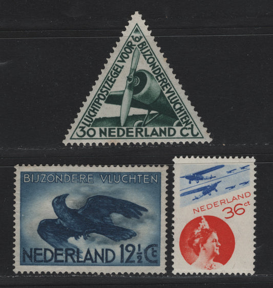 Lot 35 Netherlands SC#C9-C11 36c - 12.5c Orange Red & Dark Blue - Dark Blue & Gray , 1931-1938 Airmail Issue, 3 VFOG Singles