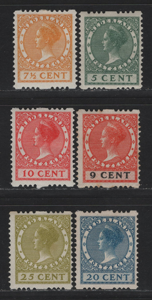 Lot 37 Netherlands SC#149a, 150a, 151a, 147a, 154a, 155a 5c - 25c Dull Green - Olive Bistre , 1924-1926 Gull & Photogravure Wilhelmina Issues, 6 F/VFOG & Unused Singles, 20c Is Unused