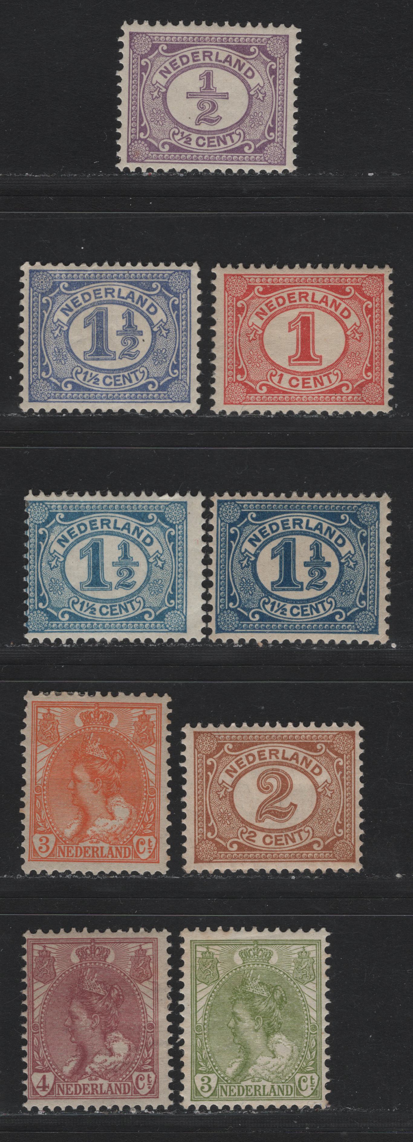 Lot 4 Netherlands SC#55-59, 61-63 1/2c - 4c Violet - Claret Numerals - Queen Wilhelmina, 1898-1924 Numerals - Queen Wilhelmina Issue, 9 VG/F/VFOG Singles, Very Light Vertical Crease on 1.5c Ultramarine