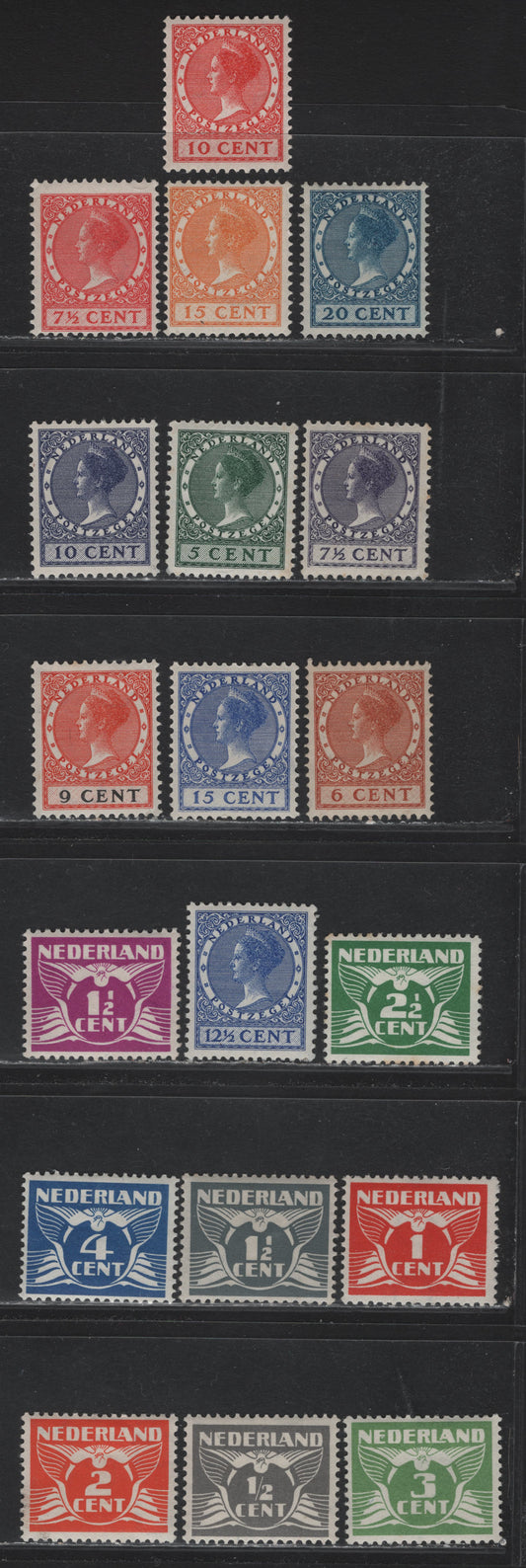 Lot 41 Netherlands SC#164-178, 180-183 1/2c - 20c Gray - Deep Blue , 1926-1939 Gull & Queen Wilhelmina Issue, 19 F/VFOG Singles, Crackly Gum Printings From 1920's & 30's & Thicker Paper Printings With Shiny Gum & Smaller Perf Holes