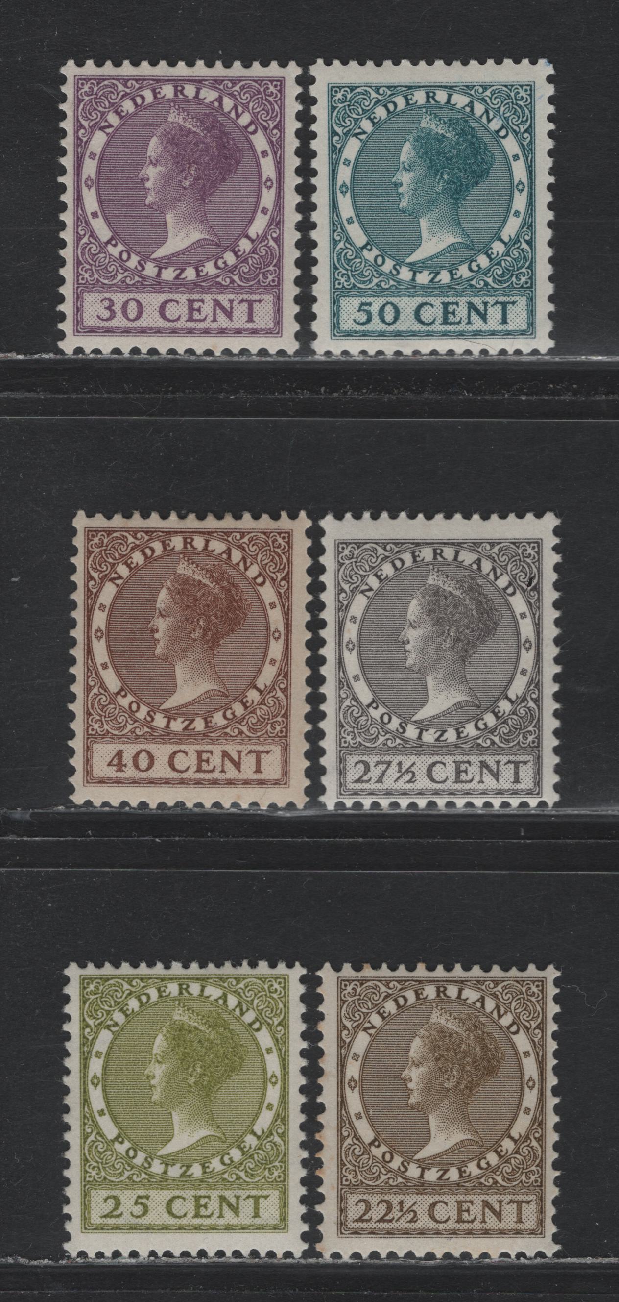 Lot 42 Netherlands SC#185, 187-189, 191-192 22.5c - 50c Olive Brown - Blue Green , 1926-1939 Gull & Queen Wilhelmina Issue, 6 F/VFOG Singles