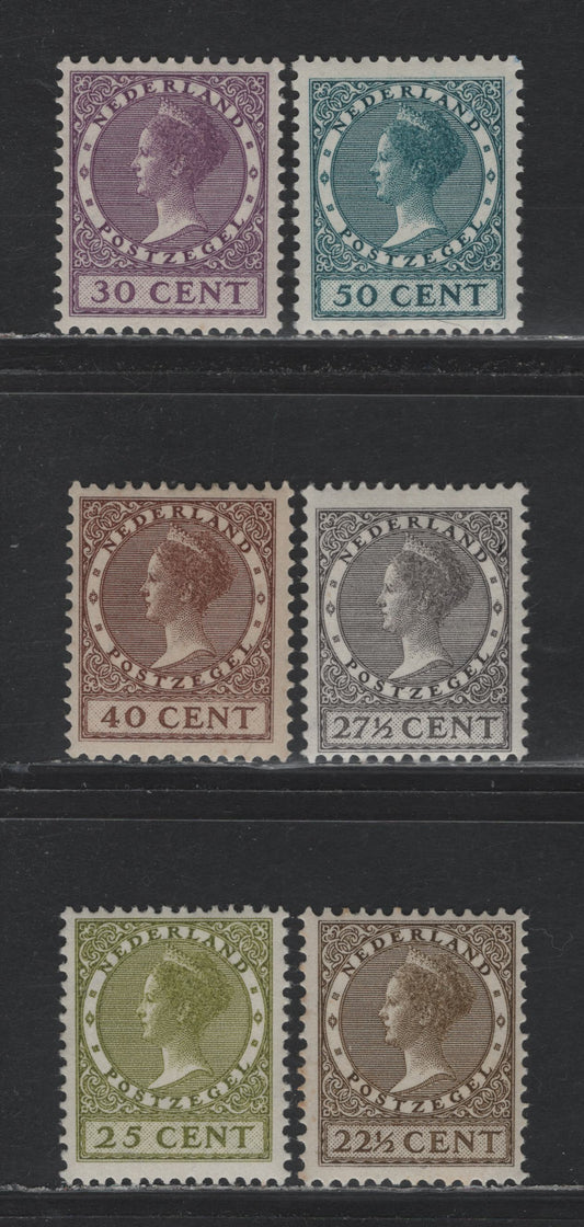 Lot 42 Netherlands SC#185, 187-189, 191-192 22.5c - 50c Olive Brown - Blue Green , 1926-1939 Gull & Queen Wilhelmina Issue, 6 F/VFOG Singles