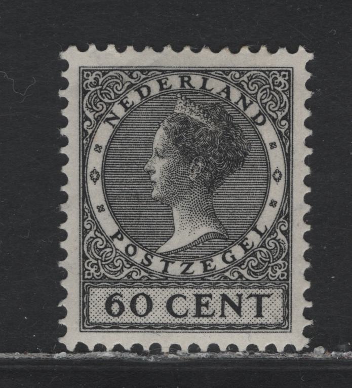 Lot 43 Netherlands SC#193 60c Black , 1926-1939 Gull & Queen Wilhelmina Issue, A VFOG Single, 1930's Printing, Smooth Gum Having Fine Cracks, Horizontal Circles Wmk, Large Perf Holes.