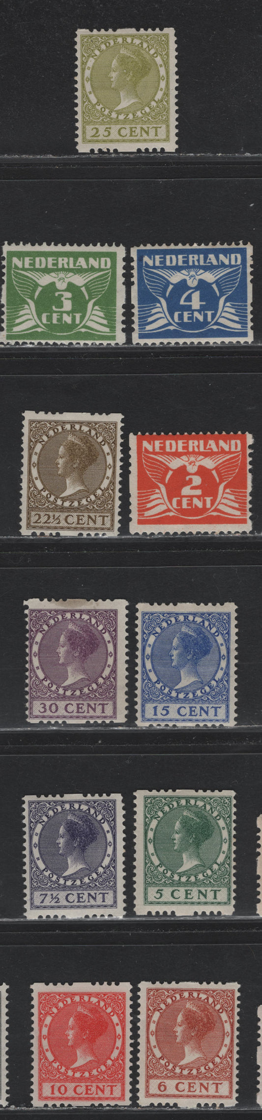 Lot 44 Netherlands SC#168b-/189a 2c - 30c Deep Orange - Violet , 1926-1939 Gull & Queen Wilhelmina Issue, 11 F/VFOG & Unused Singles, Syncopated Perf Type A