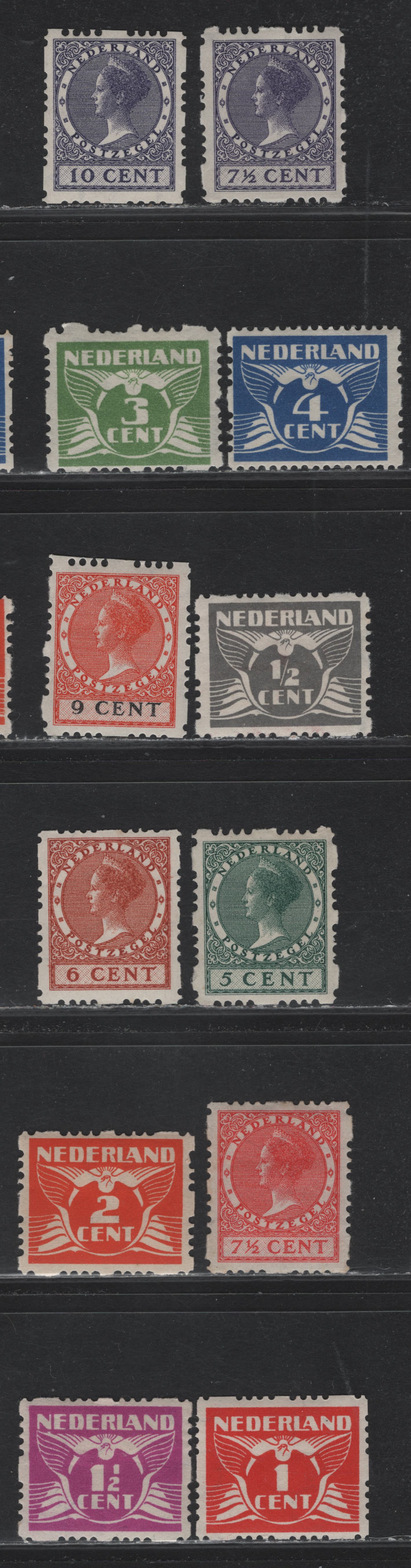 Lot 45 Netherlands SC#164a-168c, 170b-178a 1/2c - 10c Gray - Dull Violet , 1926-1939 Gull & Queen Wilhelmina Issue, 12 F/VFOG Singles, Syncopated Perf Type B