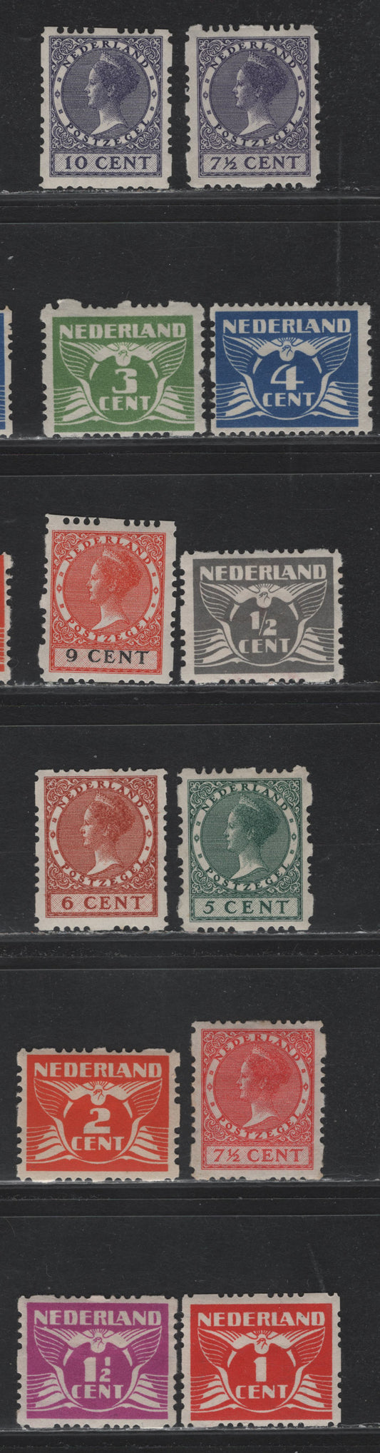 Lot 45 Netherlands SC#164a-168c, 170b-178a 1/2c - 10c Gray - Dull Violet , 1926-1939 Gull & Queen Wilhelmina Issue, 12 F/VFOG Singles, Syncopated Perf Type B