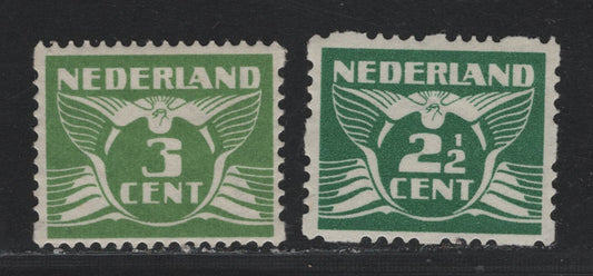Lot 46 Netherlands SC#169a, 170c 2.5c - 3c Green - Yellow Green , 1926-1939 Gull & Queen Wilhelmina Issue, 2 VFNH Singles, Syncopated Perf Types B (2.5c) & C (3c)