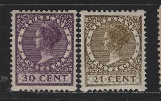 Lot 50 Netherlands SC#184a, 189c 21c - 30c Olive Brown - Violet , 1930 Gull & Queen Wilhelmina Issue, 2 VFOG Singles, Syncopated Perf Type C