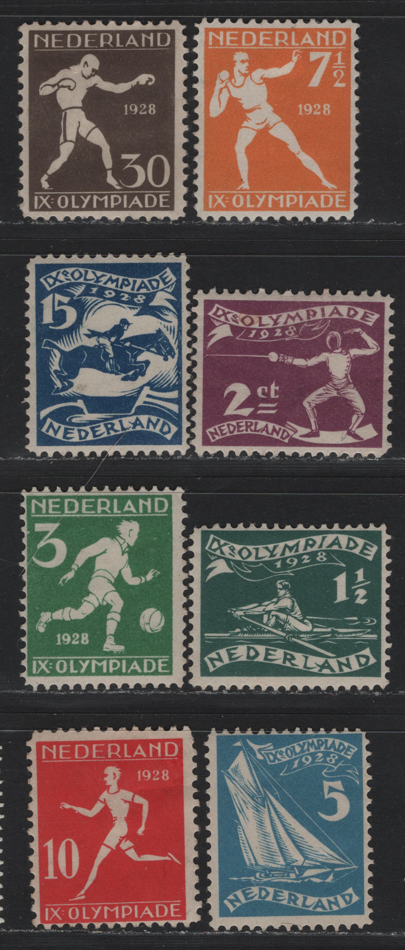 Lot 51 Netherlands SC#B25-B32 1.5c+1c - 30c+3c Dark Green - Dark Brown , 1928 Olympic Games Semi Postals, 8 F/VFOG Singles