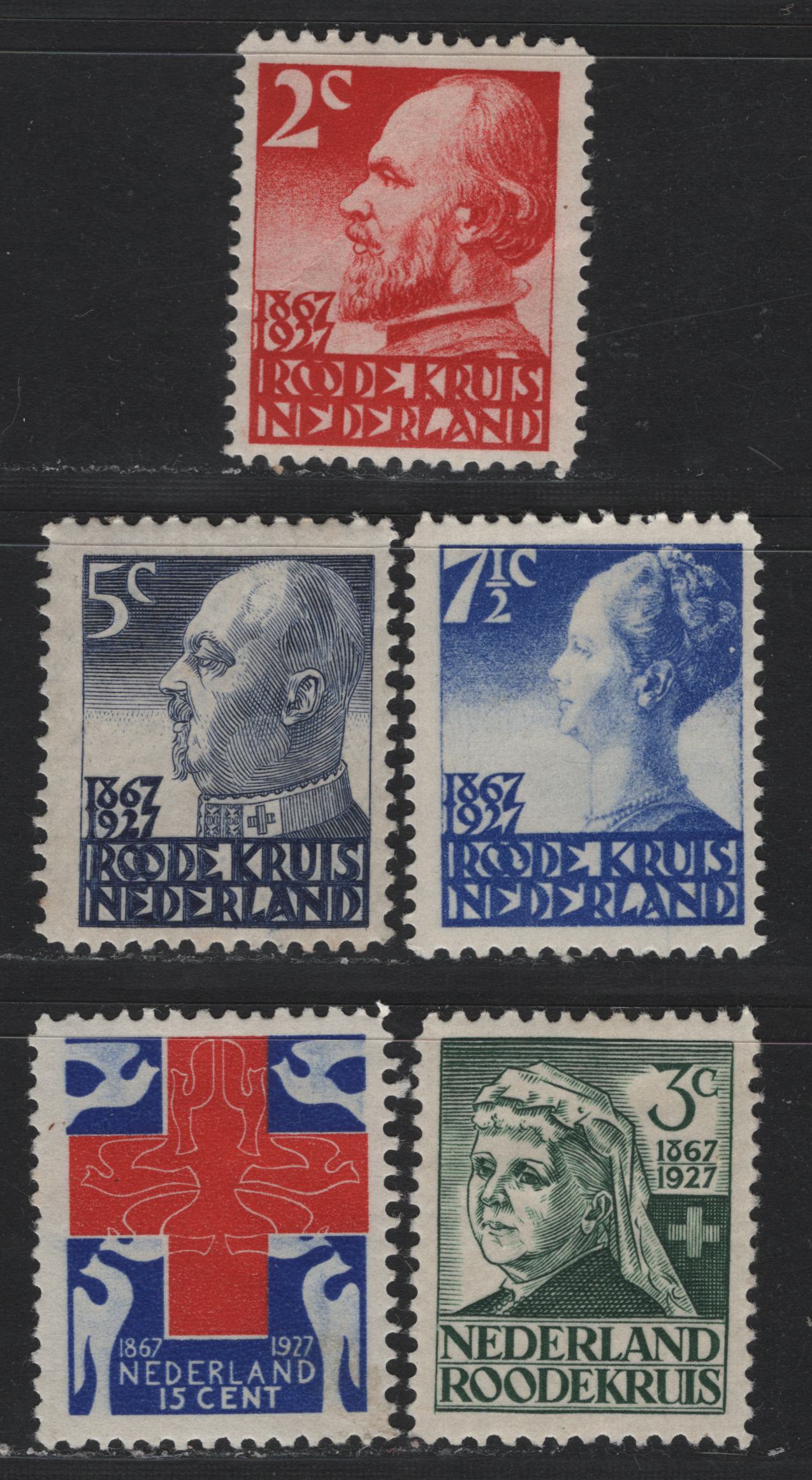 Lot 53 Netherlands SC#B16-B20 (Michel# 196b, 197-199, 199b, 200) 2c - 15c Reddish Orange - Red & Blue , 1927 60th Anniv of Netherlands Red Cross Society Issue, 5 F/VFOG Singles, Perfs 11.5 & 11.5x12 (2c & 7.5c)