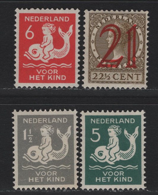 Lot 55 Netherlands SC#194, B37-B39 21c on 22.5c - 6c+4c Olive Brown - Scarlet , 1929 Surcharges - Child Welfare Semi Postals, 4 F/VFOG Singles