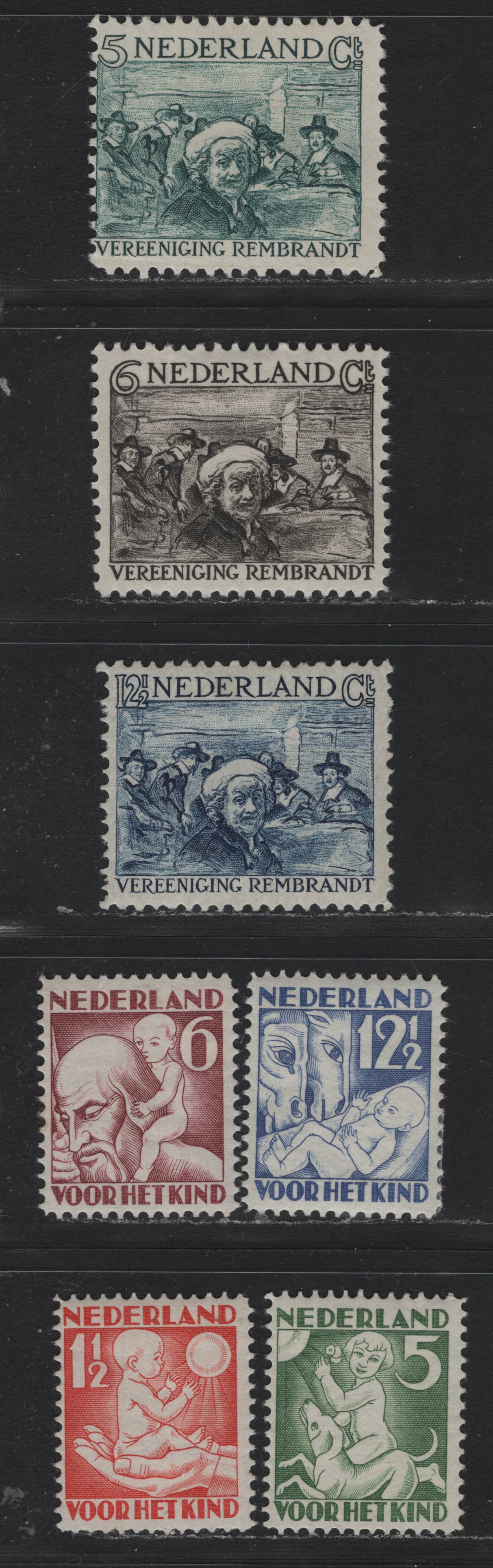 Lot 57 Netherlands SC#B41-B47 5c+5c - 12.5c+3.5c Blue Green - Light Ultramarine , 1930 Rembrandt Society - Child Welfare Semi Postals, 7 F/VFOG Singles