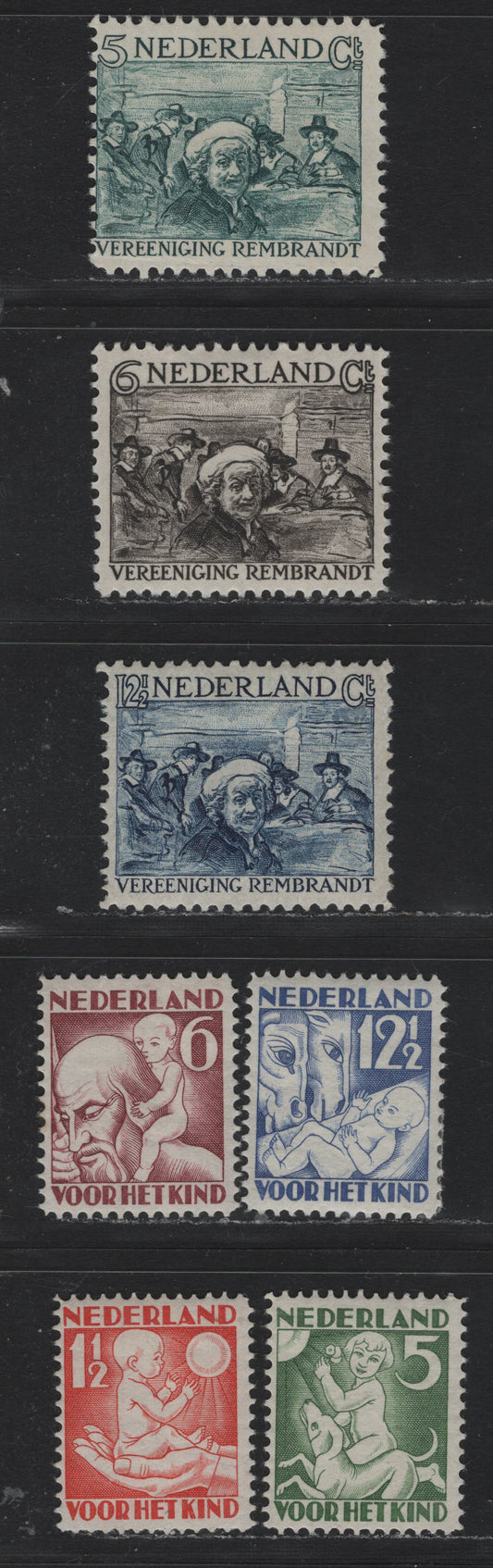 Lot 57 Netherlands SC#B41-B47 5c+5c - 12.5c+3.5c Blue Green - Light Ultramarine , 1930 Rembrandt Society - Child Welfare Semi Postals, 7 F/VFOG Singles