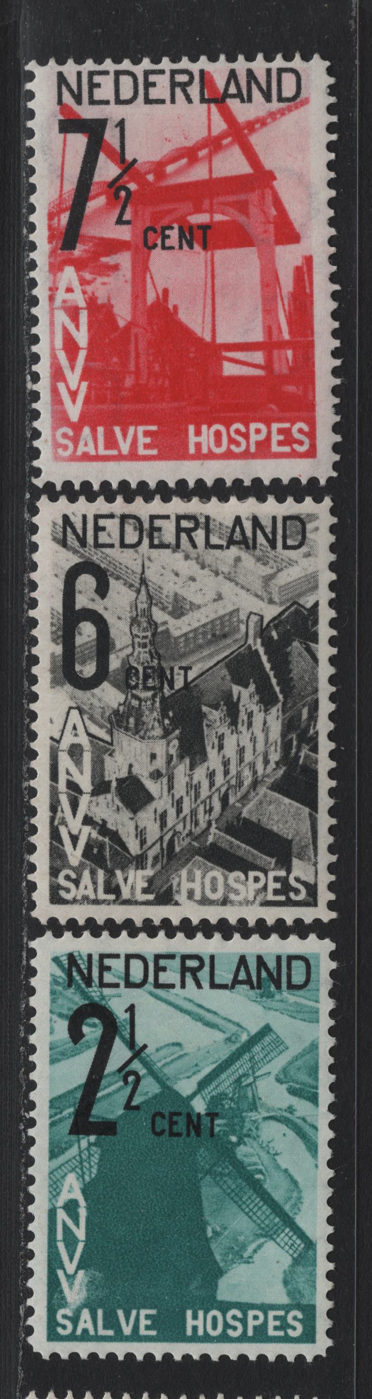 Lot 61 Netherlands SC#B54-B56 2.5c+1.5c - 7.5c+3.5c Turquoise Green - Bright Red & Black , 1932 National Tourist Association Semi Postals, 3 F/VFOG Singles