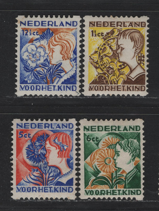Lot 63 Netherlands SC#B58a-B61a 1.5c+1.5c - 12.5c+3.5c Brown & Yellow - Ultramarine & Ochre , 1932 Child Welfare Society Semi Postal Issues, 4 F/VFOG Singles, Syncopated Perf Type C