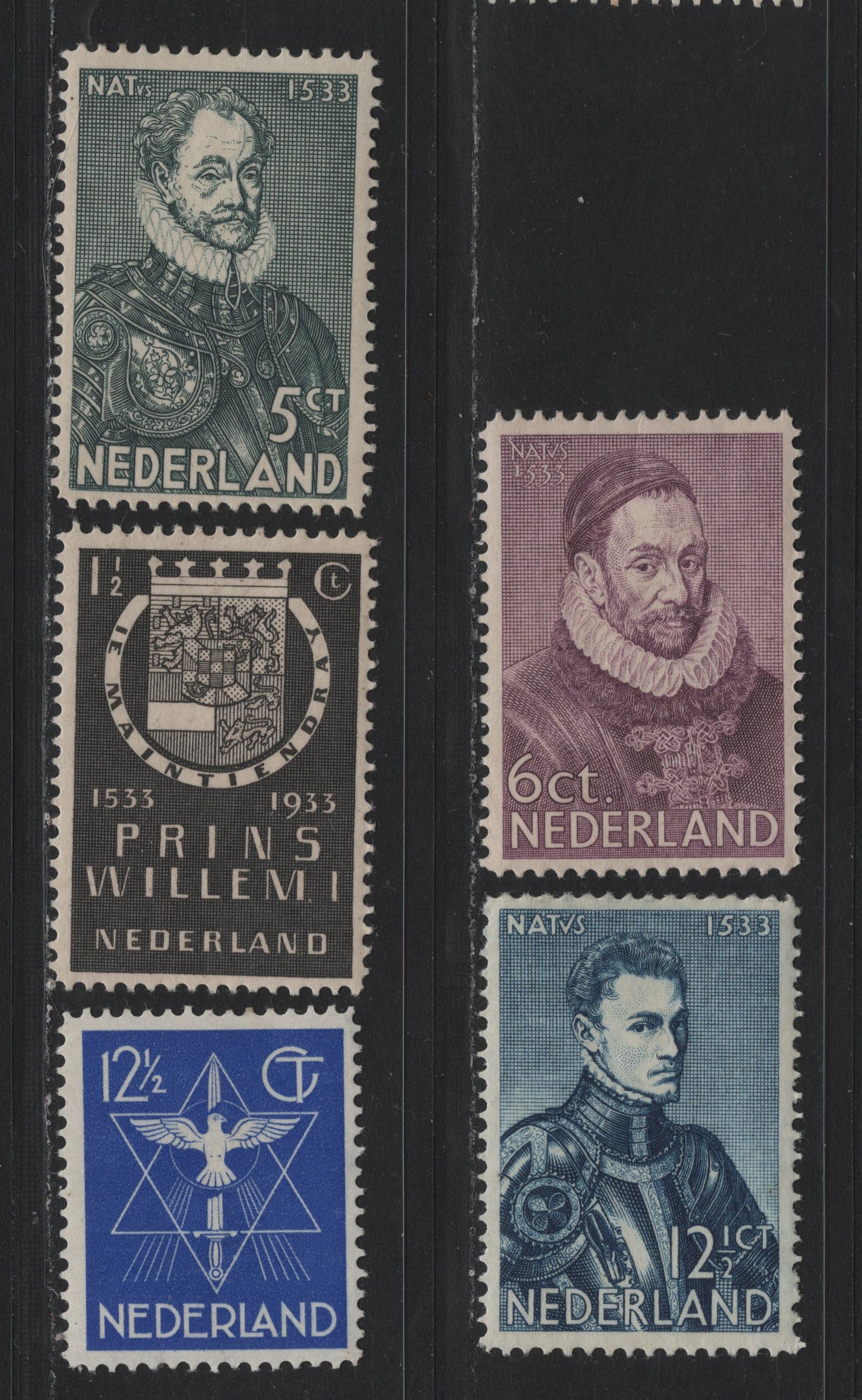 Lot 64 Netherlands SC#196-200 1.5c - 12.5c Black - Ultramarine , 1933 400th Anniv of Birth Of William I - Star, Dove & Sword Issues, 5 F/VFOG Singles
