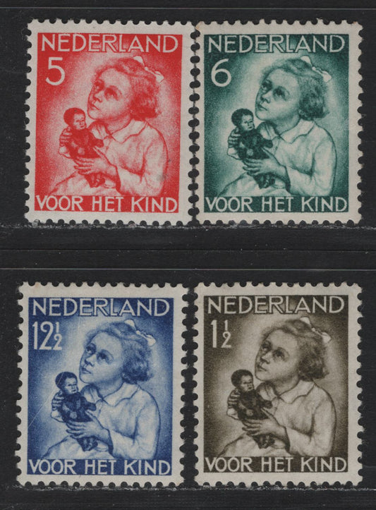 Lot 69 Netherlands SC#B73-B76 1.5c+1.5c - 12.5c+3.5c Olive - Ultramarine , 1934 Child Welfare Semi Postals, 4 VFOG/NH Singles, 5c+3c Is NH