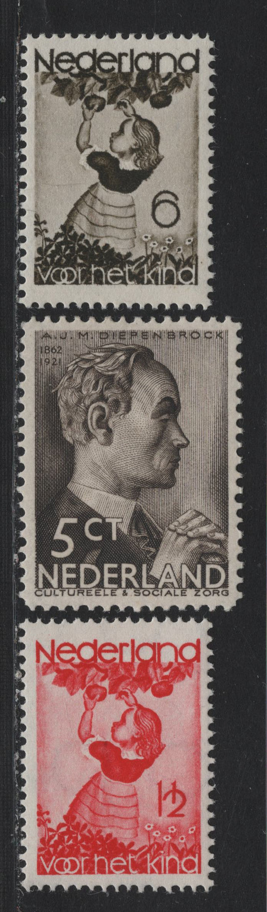 Lot 70 Netherlands SC#B62, B78, B84 5c+3c - 6c+4c Black Brown , 1935 Social & Cultural Projects - Child Welfare Semi Postals, 3 VFNH Singles