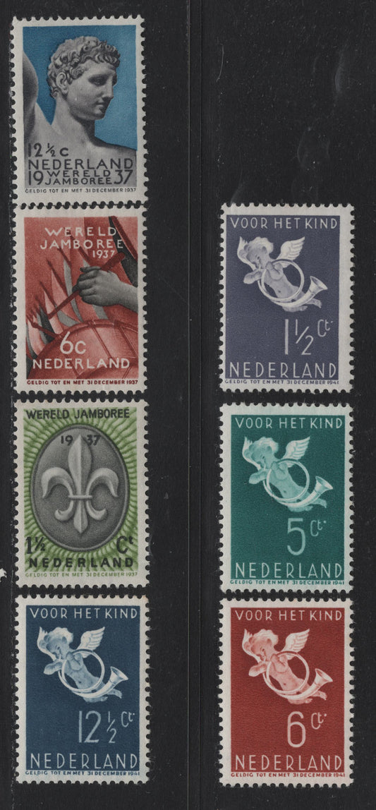 Lot 75 Netherlands SC#206-208, B90-B93 1.5c - 12.5c+3.5c Multicolored - Indigo , 1936-1937 Child Welfare - 5th Boyscouts World Jamboree Issues, 7 F/VFOG Singles