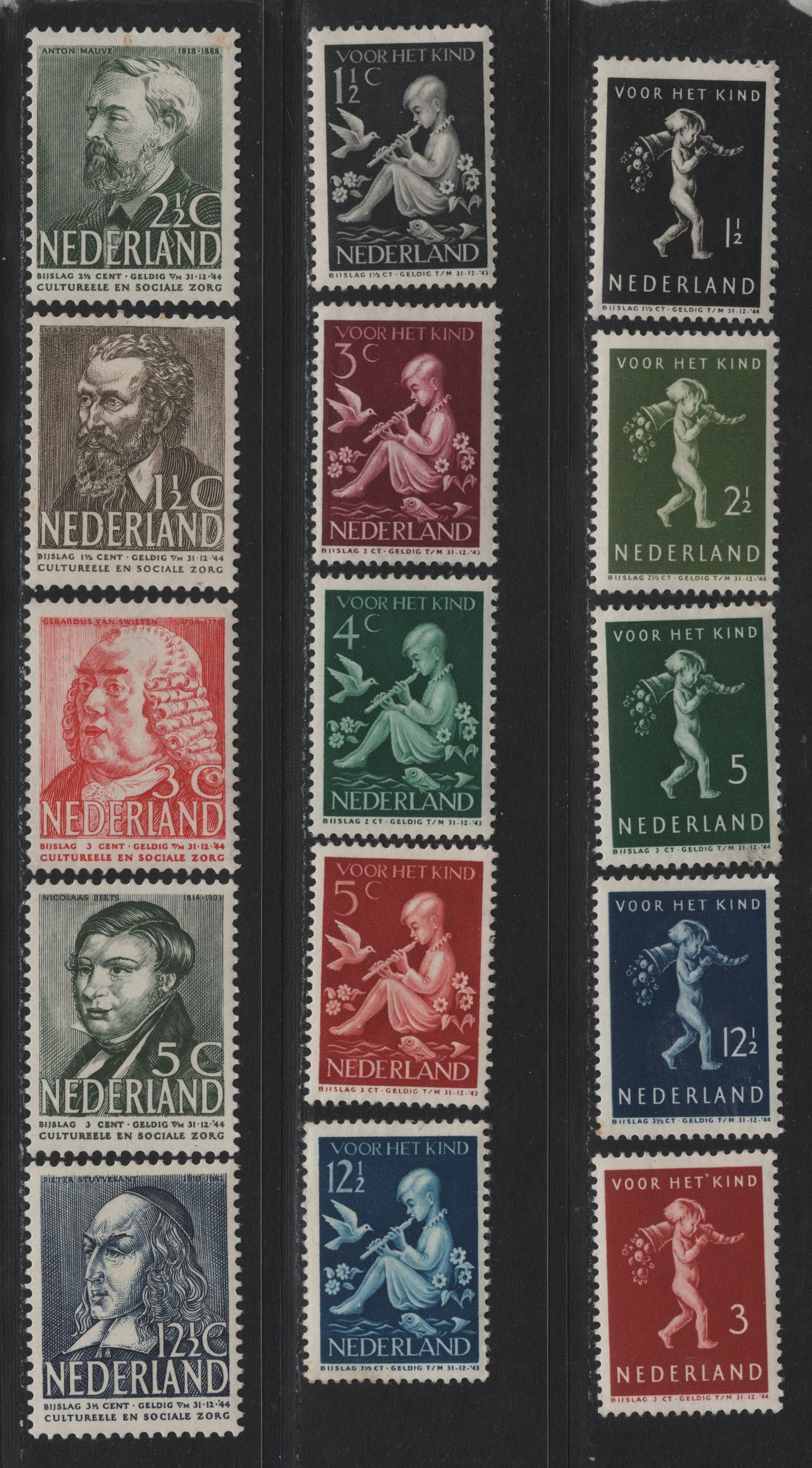 Lot 78 Netherlands SC#B108-B122 1.5c+1.5c - 12.5c+3.5c Black - Dark Blue , 1938-1939 Child Welfare - Destitute Children Semi Postals, 15 F/VFOG Singles