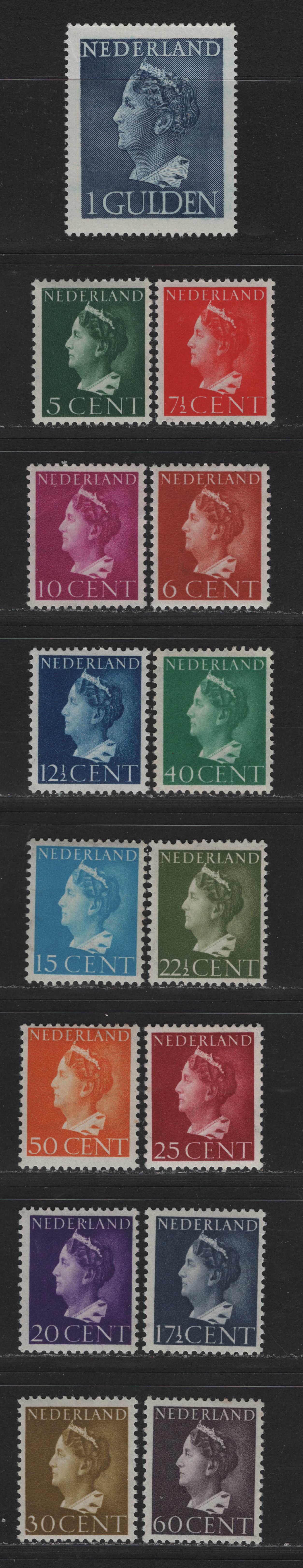Lot 80 Netherlands SC#B216-B225B, B278 5c - 1g Dark Green - Dark Blue , 1940-1947 Queen Wilhelmina Issue, 15 F/VFOG Singles