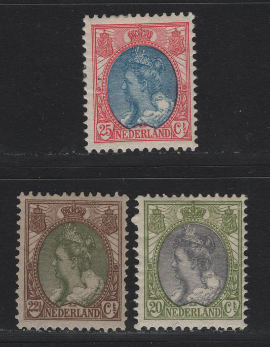 Lot 8 Netherlands SC#75-77 20c - 25c Olive Green & Gray - Rose Pink & Blue Numeral, 1898-1924 Numerals - Queen Wilhelmina Issue, 3 F/VFOG Singles, Perf 12.5x12