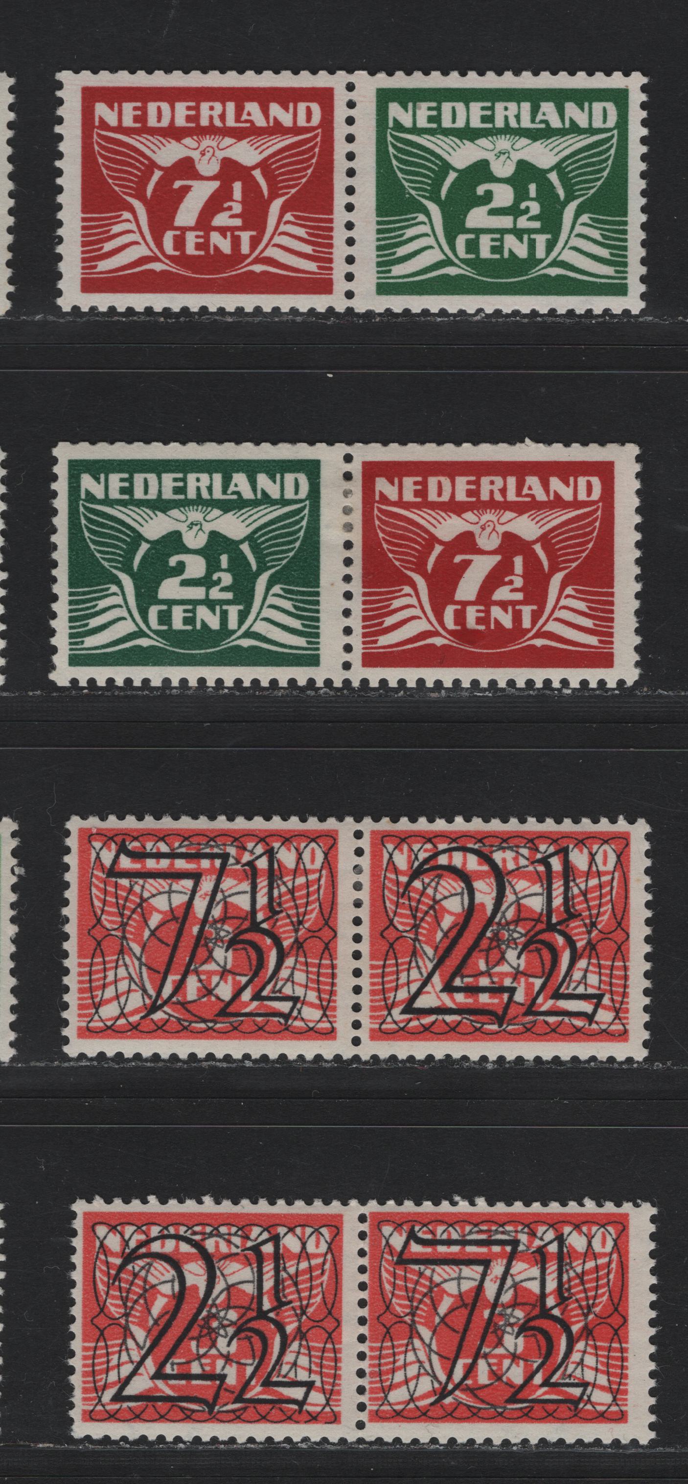Lot 83 Netherlands SC#228a, 243Er 2.5c & 7.5c on 3c - 2.5c and 7.5c Vermillion - Dark Green and Henna , 1940 Surcharged Issue, 4 FOG Se-Tenant & Coil Pairs, 2.5c & 7.5c Green & Henna Are Coil Pairs, Others Are Se-Tenant Only